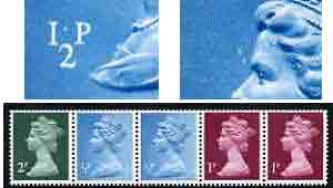Great Britain 1971 Machin multi-value coil (2p,1/2p,1/2p,1p,1p) with constant variety 'white spot between 1 and P on first 1/2p' and 'background retouch infront of forehead on 2nd 1/2p' (ex G1 coil roll 5) unmounted mint