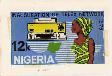 Nigeria 1975 Telex - original hand-painted artwork for 12k value by NSP&MCo Staff Artist Samuel A M Eluare on card 9