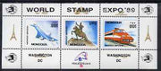 Mongolia 1989 World Stamp Expo overprinted on 'Philexfrance 89' Stamp Exhibition (2nd issue) perf m/sheet (Concorde,TGV Train, Statue) unmounted mint, SG MS 2072