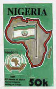 Nigeria 1988 25th Anniversary of OAU - original hand-painted artwork for 50k value (Freedom with Flag & Map) by Godrick N Osuji on card 5"x9" endorsed C1