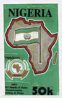Nigeria 1988 25th Anniversary of OAU - original hand-painted artwork for 50k value (Freedom with Flag & Map) by Godrick N Osuji on card 5