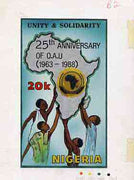 Nigeria 1988 25th Anniversary of OAU - original hand-painted artwork for 20k value (Unity & Solidarity with Map) by NSP&MCo Staff Artist Mrs A O Adeyeye, as issued stamp on card 5"x9" endorsed B2