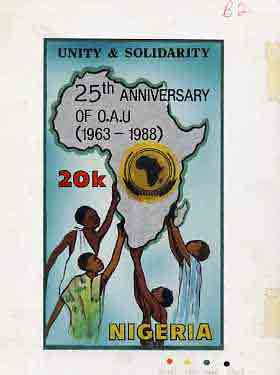 Nigeria 1988 25th Anniversary of OAU - original hand-painted artwork for 20k value (Unity & Solidarity with Map) by NSP&MCo Staff Artist Mrs A O Adeyeye, as issued stamp on card 5