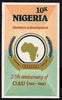 Nigeria 1988 25th Anniversary of OAU - original hand-painted artwork for 10k value (Liberation & Development with Map) by NSP&MCo Staff Artist Clement O Ogbebor, as issued stamp on card 5"x9"