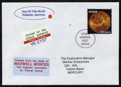 Planet Venus (Fantasy) cover to Mercury bearing Venus 100 solar stamp 'Posted from the peak of Maxwell Montes' and carried on the 'Venus Express Flight VE-2107'.,An attractive fusion between Science Fiction and Philatelic Fantasy ……Details Below