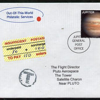 Planet Jupiter (Fantasy) cover to Pluto bearing Jupiter 50 solar stamp with insufficient Postage label plus 'T' in circle.,An attractive fusion between Science Fiction and Philatelic Fantasy produced by 'Out of this World Philatelic Services'.