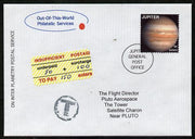 Planet Jupiter (Fantasy) cover to Pluto bearing Jupiter 50 solar stamp with insufficient Postage label plus 'T' in circle.,An attractive fusion between Science Fiction and Philatelic Fantasy produced by 'Out of this World Philatelic Services'.