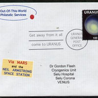 Planet Uranus (Fantasy) cover to Venus bearing Uranus 100 solar stamp with 'Via Mars' label.,An attractive fusion between Science Fiction and Philatelic Fantasy produced by 'Out of this World Philatelic Services'.