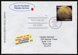 Planet Mars (Fantasy) cover to Pluto bearing Mars 100 solar stamp with 'Carried on the Maiden Voyage of Starship Enterprise XV' label.,An attractive fusion between Science Fiction and Philatelic Fantasy produced by 'Out of this Wo……Details Below