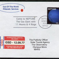 Planet Neptune (Fantasy) cover to Mars bearing Neptune 100 solar stamp with 'Guaranteed Special Delivery' label.,An attractive fusion between Science Fiction and Philatelic Fantasy produced by 'Out of this World Philatelic Services'.