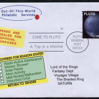 Planet Pluto (Fantasy) cover to Saturn bearing Pluto 100 solar stamp with 'Undelivered for Reason Stated' and 'Opened and Resealed' labels.,An attractive fusion between Science Fiction and Philatelic Fantasy produced by 'Out of th……Details Below