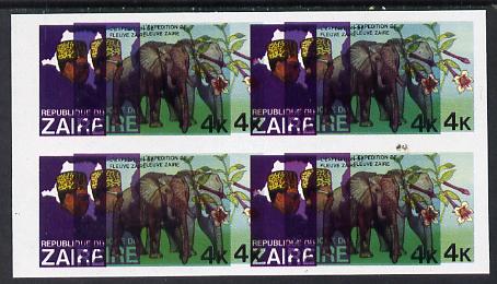 Zaire 1979 River Expedition 4k Elephant superb imperf proof block of 4 with entire design doubled, extra impression 5mm away unmounted mint (as SG 954) unmounted mint. NOTE - this item has been selected for a special offer with th……Details Below