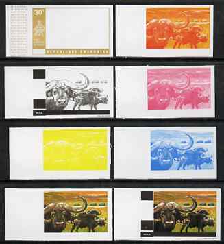 Rwanda 1972 Buffalo 30c (from Akagera National Park set) the set of 8 imperf progressive proofs comprising the 5 individual colours plus 2, 3 and 4-colour composites, as SG 457