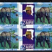 Zaire 1979 River Expedition 4k (Elephant) superb imperf proof block of 4 superimposed with 17k value (Leopard & Water Lily) inverted in blue & black only (SG 954 & 957) unmounted mint