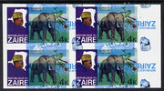 Zaire 1979 River Expedition 4k (Elephant) superb imperf proof block of 4 superimposed with 17k value (Leopard & Water Lily) inverted in blue & black only (SG 954 & 957) unmounted mint