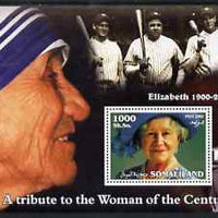 Somaliland 2002 A Tribute to the Woman of the Century #02 - The Queen Mother perf m/sheet also showing Mother Teresa, Walt Disney & Babe Ruth, unmounted mint