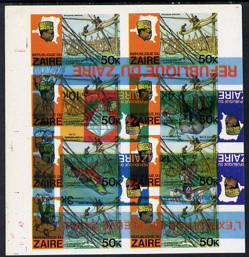 Zaire 1979 River Expedition 50k Fishermen imperf proof block of 8 superimposed with m/sheet inverted (1k Dancer, 3k Sun Bird, 4k Elephant & 10k Diamond, Cotton & Tobacco) unmounted mint. NOTE - this item has been selected for a sp……Details Below