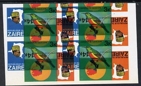 Zaire 1979 River Expedition 3k Sunbird unmounted mint imperf proof block of 4 superimposed with 14k value (Torch) inverted (as SG 953 & 956). NOTE - this item has been selected for a special offer with the price significantly reduced