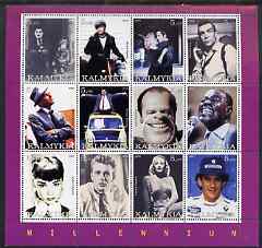 Kalmikia Republic 2000 Millennium perf sheetlet containing set of 12 values unmounted mint (showing Chaplin, Brando, Elvis,S Connery, Sinatra, Satchmo, James Dean, M Dietrich, Ayrton Senna etc)