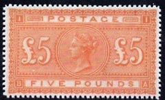 Great Britain 1867 QV £5 orange,,'Maryland' perf forgery 'unused', as SG 137 - the word Forgery is either handstamped or printed on the back and comes on a presentation card with descriptive notes