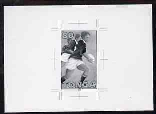 Tonga 1995 Rugby World Cup Championship 80s (Three Players with Ball) B&W photographic proof, scarce thus, as SG MS 1296a