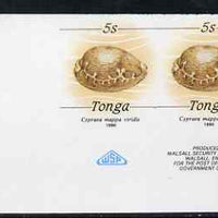 Tonga 1990-92 Green Map Cowrie Shell 5s (from reduced-size Marine Life set) imperf proof pair, rare thus, as SG1089 (1990 imprint date)