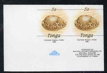 Tonga 1990-92 Green Map Cowrie Shell 5s (from reduced-size Marine Life set) imperf proof pair, rare thus, as SG1089 (1990 imprint date)