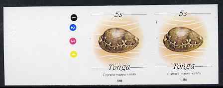 Tonga 1988-92 Green Map Cowrie Shell 5s (from redrawn Marine Life def set) imperf proof pair, rare thus, as SG 1002 (1990 imprint date)