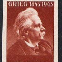 Norway 1943 Grieg imperf proof in red, value & Country omitted, slight wrinkle otherwise fine unmounted mint