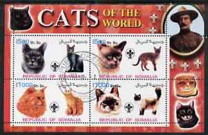 Somalia 2002 Domestic Cats of the World perf sheetlet #05 containing 4 values each with Scout Logo, fine cto used