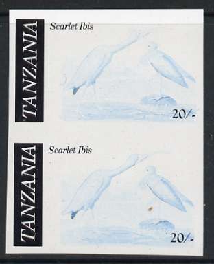 Tanzania 1986 John Audubon 20s in unmounted mint imperf colour proof pair in blue & black (SG 466)