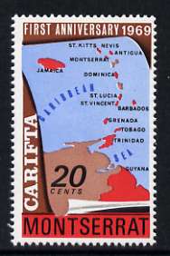 Montserrat 1969 CARIFTA 20c with wmk sideways inverted, unmounted mint SG 224Ei*