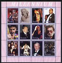 Buriatia Republic 2001 Millennium Personalities #1 perf sheetlet containing set of 12 values unmounted mint (Rolling Stones, Marilyn, John Lennon, Satchmo, Elvis, Queen, Sinatra, etc)