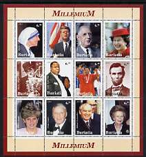 Buriatia Republic 2001 Millennium Personalities #2 perf sheetlet containing set of 12 values unmounted mint (Mother Teresa, JFK, the Queen, Chaplin, Satchmo, Ali, Lincoln, Diana, Sinatra, etc)