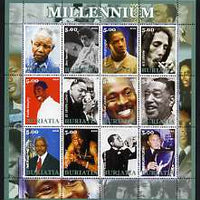 Buriatia Republic 2002 Millennium Personalities #3 perf sheetlet containing set of 12 values unmounted mint (Mandela, Hendrix, Duke Ellington, Satchmo, Ali, etc)