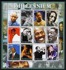 Buriatia Republic 2002 Millennium Personalities #3 perf sheetlet containing set of 12 values unmounted mint (Mandela, Hendrix, Duke Ellington, Satchmo, Ali, etc)