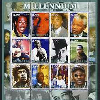 Buriatia Republic 2002 Millennium Personalities #4 perf sheetlet containing set of 12 values unmounted mint (Martin Luther King, Hendrix, Duke Ellington, Satchmo, Ali, etc)