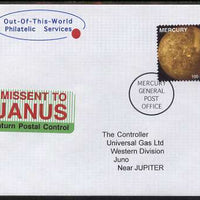 Planet Mercury (Fantasy) cover to Juno (near Jupiter) bearing Mercury 100 solar stamp with 'Missent to Janus' label.,An attractive fusion between Science Fiction and Philatelic Fantasy produced by 'Out of this World Philatelic Services'.