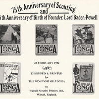 Tonga 1982 75th Anniversary of Scouting Walsall Security Printers publicity card showing the set of 5 in black