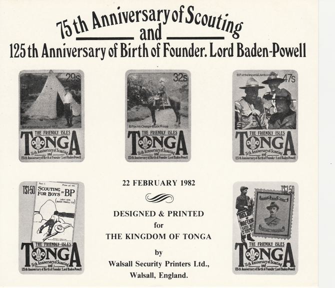 Tonga 1982 75th Anniversary of Scouting Walsall Security Printers publicity card showing the set of 5 in black