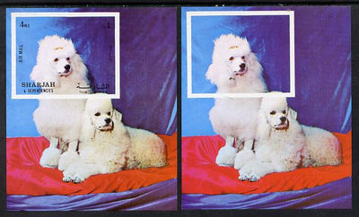 Sharjah 1972 Dogs (Poodles) imperf m/sheet with black omitted (Country, value, etc) plus normal unmounted mint (as Mi BL 119)