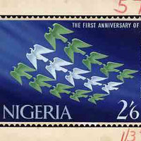 Nigeria 1961 First Anniversary of Independence - original hand-painted artwork for 2s6d value showing eagles in flight endorsed 1s3d and ultimately as issued, by M Shamir on card 9.5"x6.5"