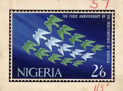 Nigeria 1961 First Anniversary of Independence - original hand-painted artwork for 2s6d value showing eagles in flight endorsed 1s3d and ultimately as issued, by M Shamir on card 9.5