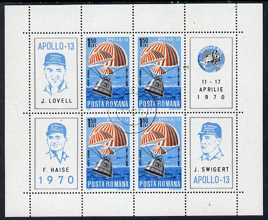 Rumania 1970 Apollo 13 m/sheet containing block of 4 plus 4 labels cto used as SG 3743, Mi BL 77