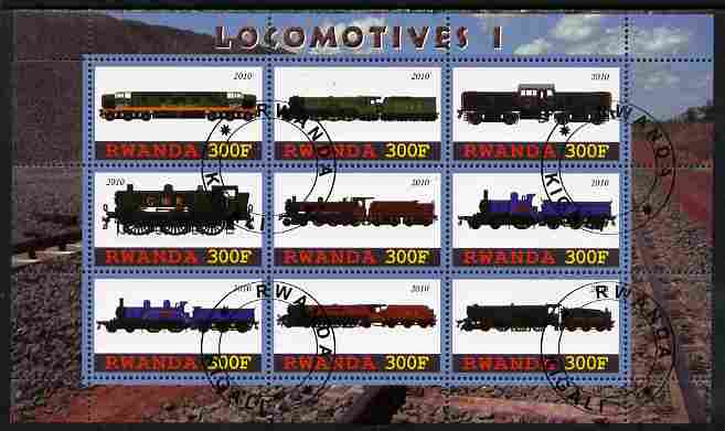 Rwanda 2010 Locomotives #1 perf sheetlet containing 9 values fine cto used