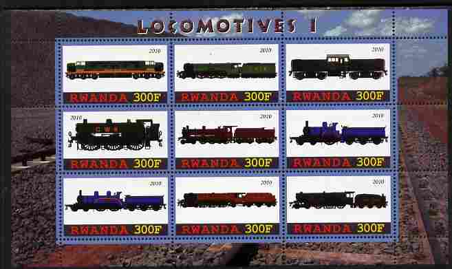 Rwanda 2010 Locomotives #1 perf sheetlet containing 9 values unmounted mint