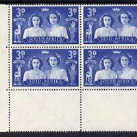 South Africa 1947 KG6 Royal Visit 3d unmounted mint positional corner block of 4 including R19/2 Blinded Princess variety