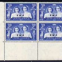 South West Africa 1947 KG6 Royal Visit 3d unmounted mint positional corner block of 4 including R19/2 Blinded Princess variety