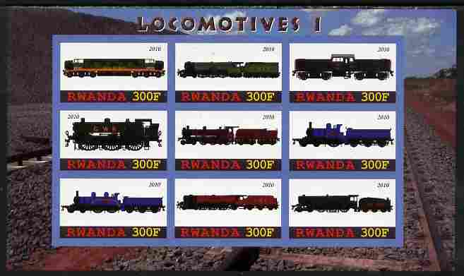 Rwanda 2010 Locomotives #1 imperf sheetlet containing 9 values unmounted mint