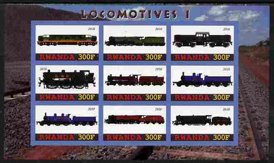 Rwanda 2010 Locomotives #1 imperf sheetlet containing 9 values unmounted mint